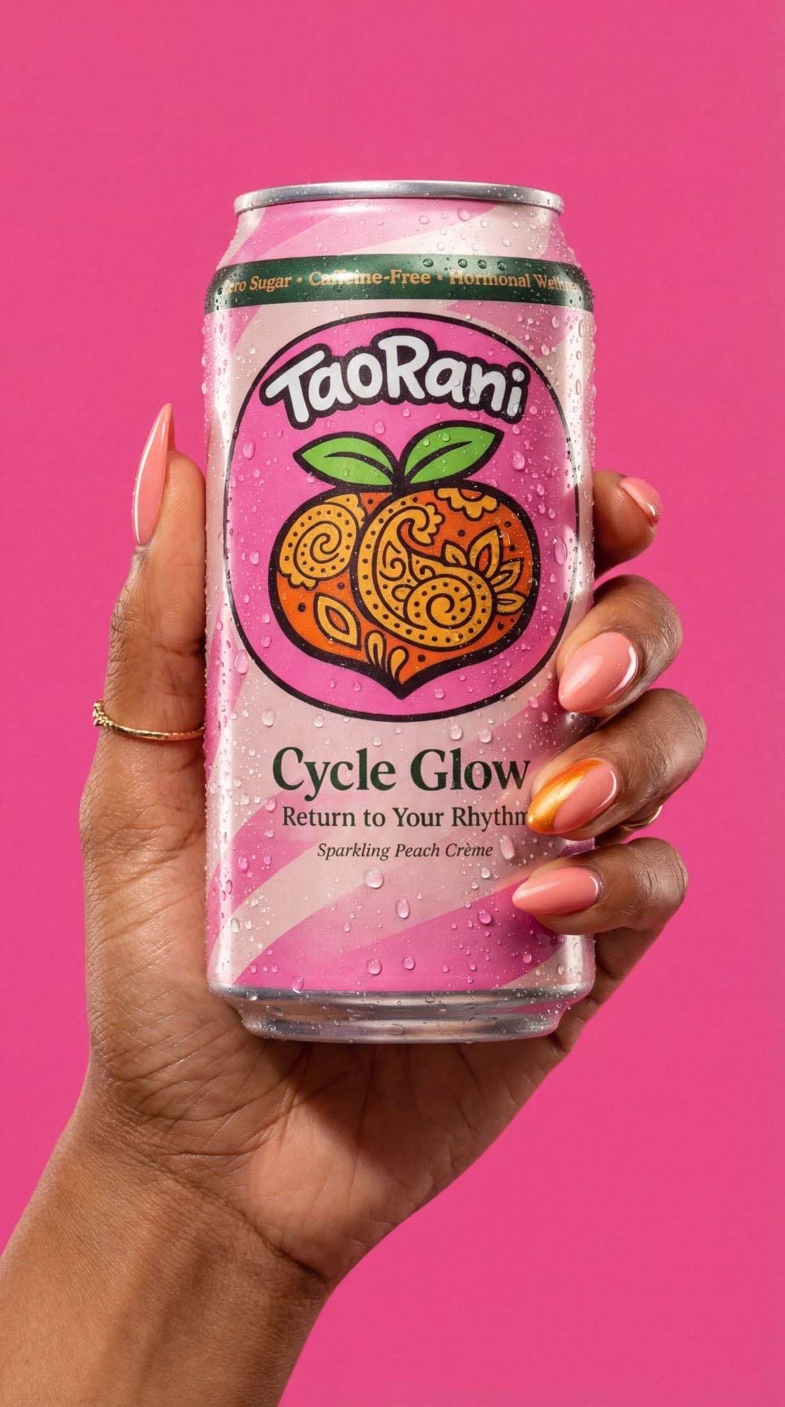 Hand holding TaoRani Cycle Glow can against hot pink background