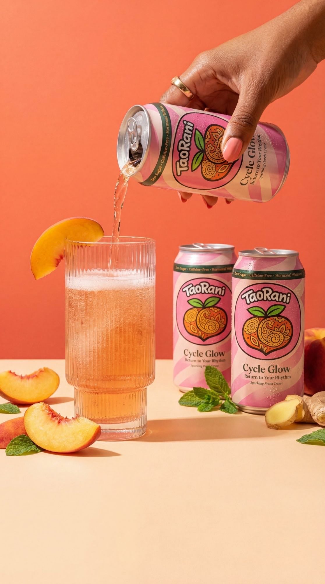 TaoRani Cycle Glow sparkling peach crème being poured into glass